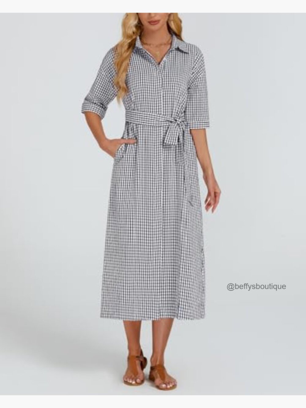 Plaid Half Sleeve Maxi Dress Button Down Loose Belted Dress with Pockets - Picture 6 of 7